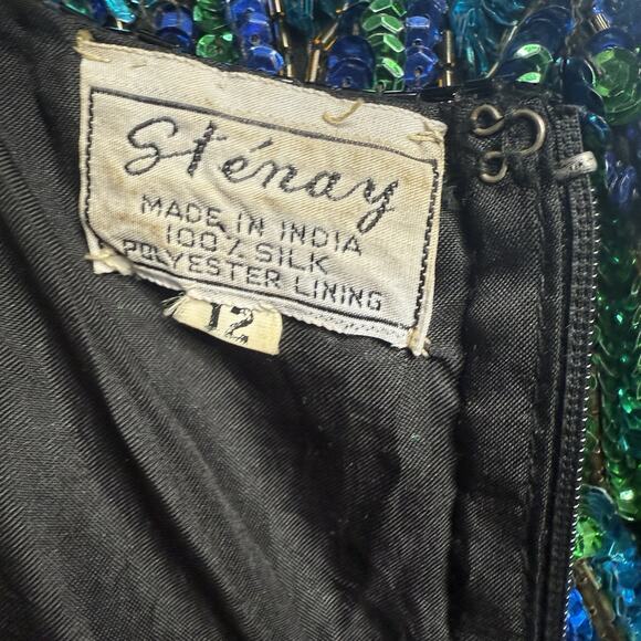 80s Women Stenay Sequin Blouse Top Black Blue Green Beaded Party Glam Occasion - Picture 10 of 11